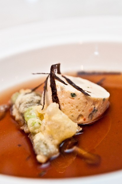 Double boiled chicken consommé, served with prawn and scallop quenelle, enoki mushroom and tempura baby asparagus