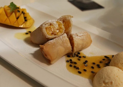 Deep Fried Jackfruit Spring Roll with Passion Fruit Coulis and Ice Cream