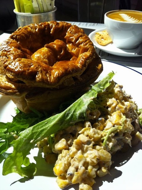 Beef pie with corn salad and a cappuccino 