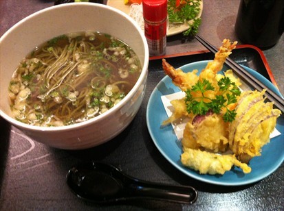 Cha Soba Noodles with tempura on the side