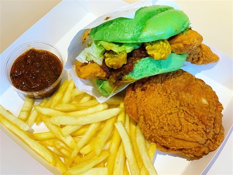 With Ayam Penyet burger, crispy chicken with heavenly special sambal sauce, served with fries.